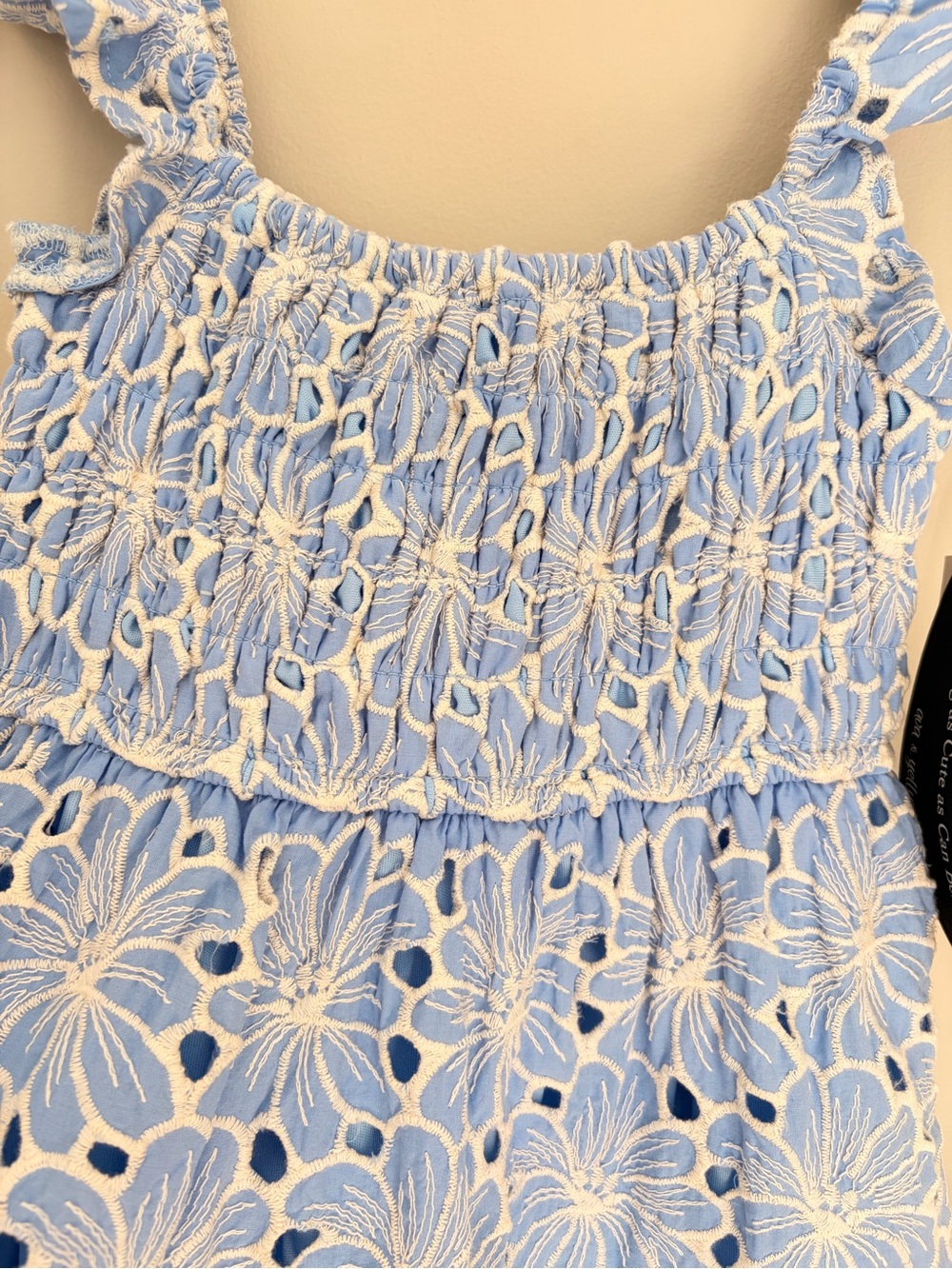Girls Size 7 Blue Floral Eyelet Smocked Ruffle Dress NWT - Picture 4 of 7